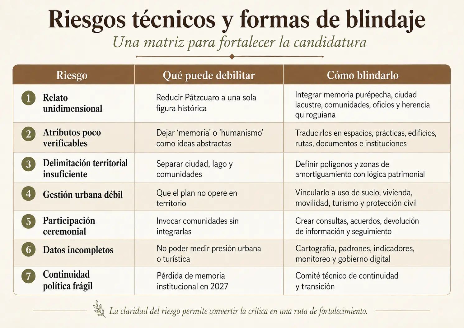 Matriz de riesgos técnicos y formas de blindaje para fortalecer la candidatura de Pátzcuaro ante UNESCO, incluyendo relato patrimonial, atributos verificables, delimitación territorial, gestión urbana, participación social, datos y continuidad institucional.