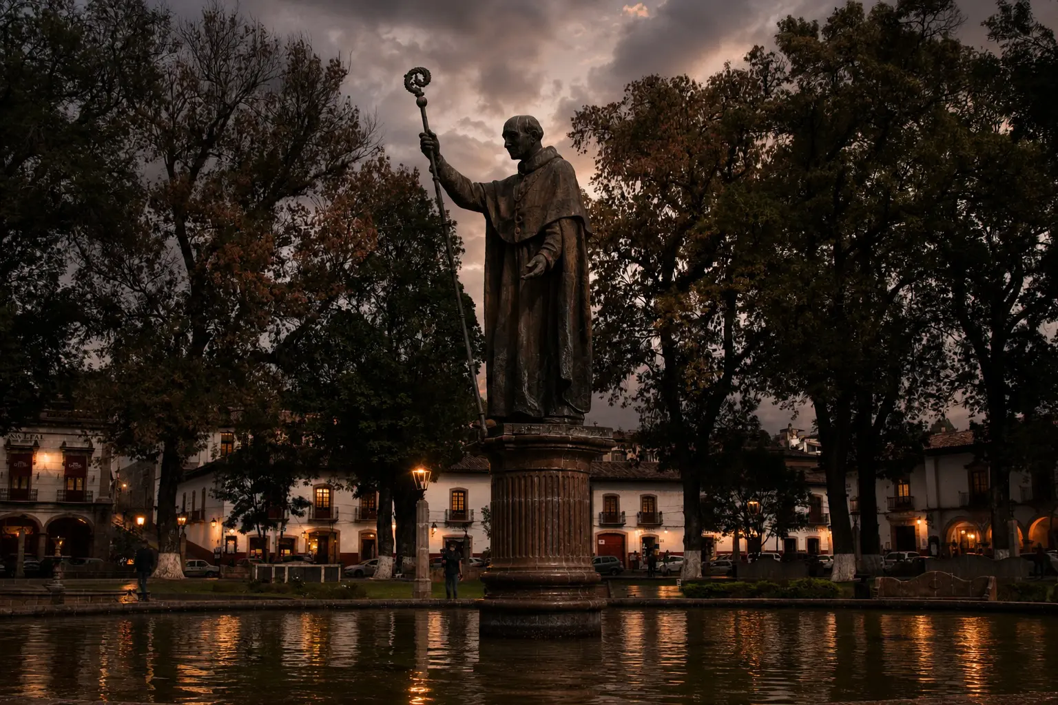 Plaza Vasco de Quiroga en Pátzcuaro al anochecer
