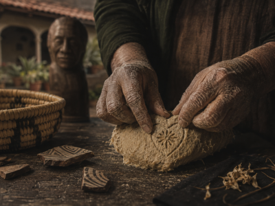 Primer plano de manos artesanales moldeando pasta de caña de maíz, símbolo de la memoria material en Pátzcuaro.