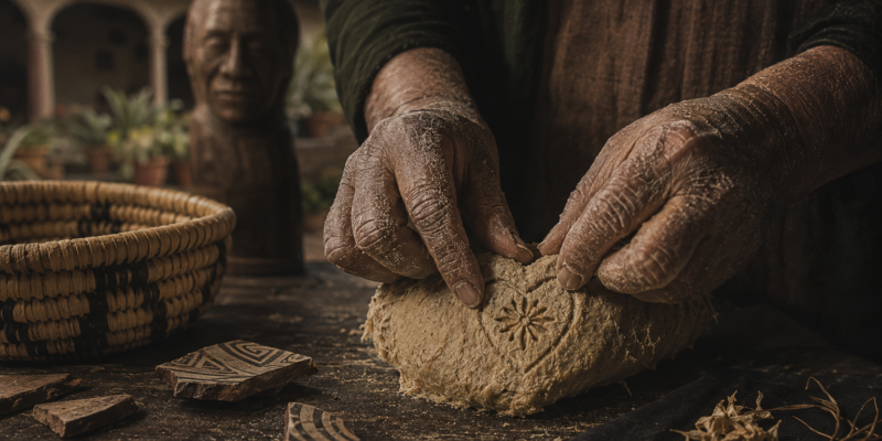 Primer plano de manos artesanales moldeando pasta de caña de maíz, símbolo de la memoria material en Pátzcuaro.