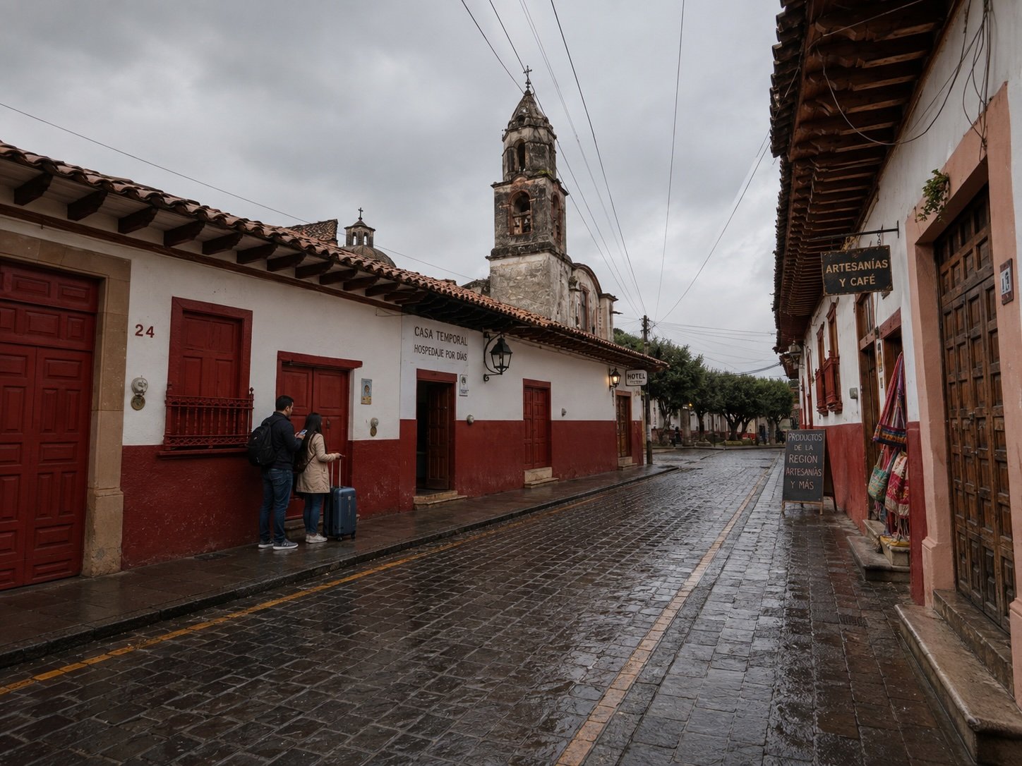 Viajeros llegando a alojamiento temporal en una calle de Pátzcuaro