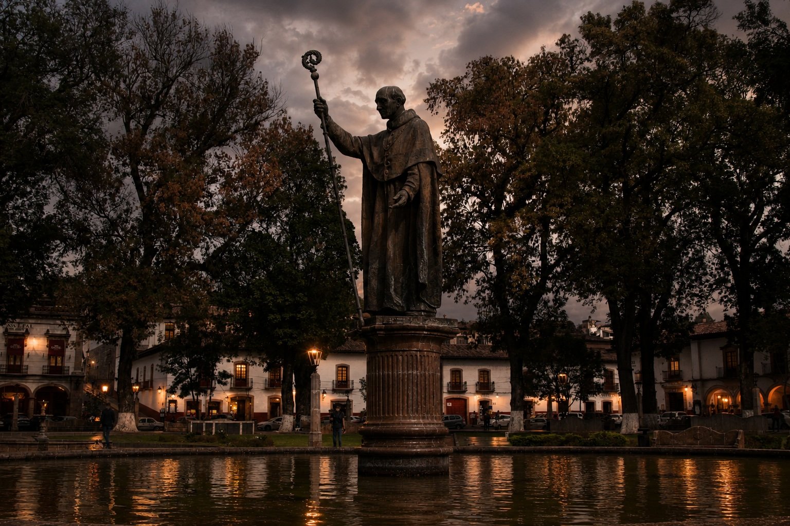 Plaza Vasco de Quiroga en Pátzcuaro al anochecer