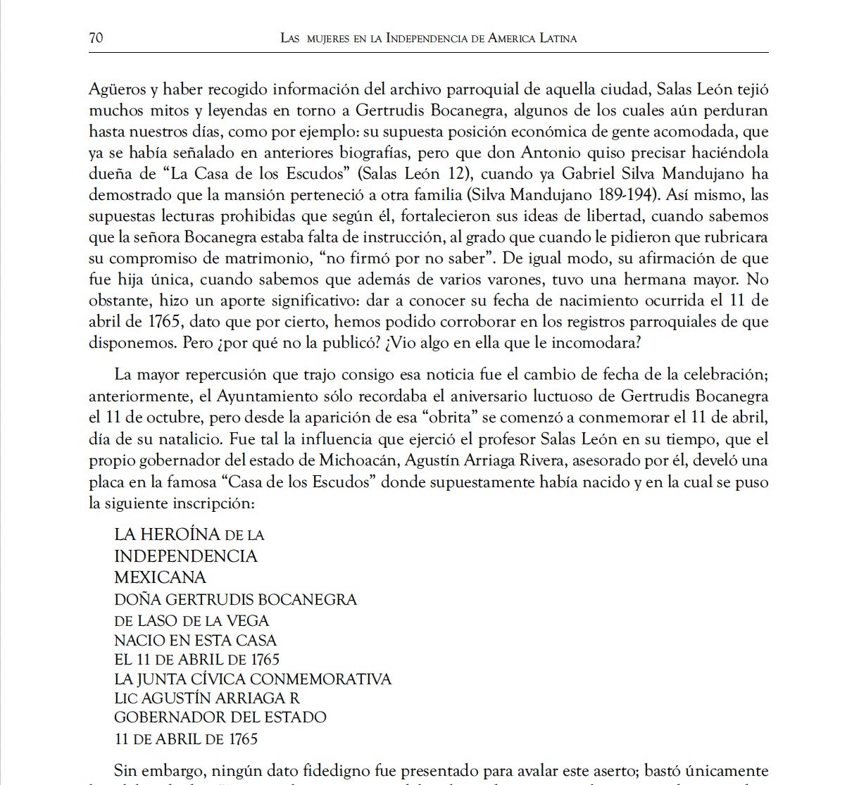 Página 70 del libro Las mujeres en la Independencia de América Latina, con un fragmento del capítulo de Moisés Guzmán Pérez sobre Gertrudis Bocanegra y la discusión sobre su fecha de nacimiento y la Casa de los Escudos.